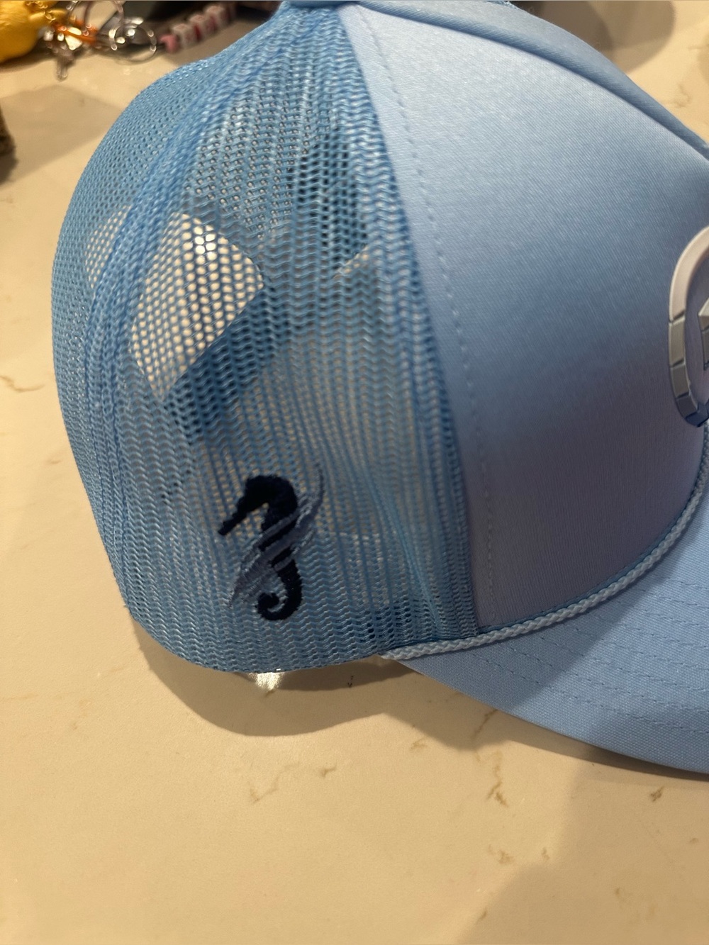 G/FORE Trucker Cap Sky Blue Striped Heart Interlock Knit Golf Mesh Back Snapback - Picture 3 of 6